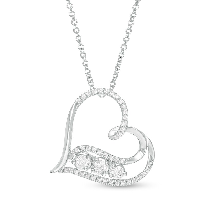 Main Image 1 of 1/3 CT. T.W. Diamond Past Present Future® Tilted Heart Pendant in 10K White Gold