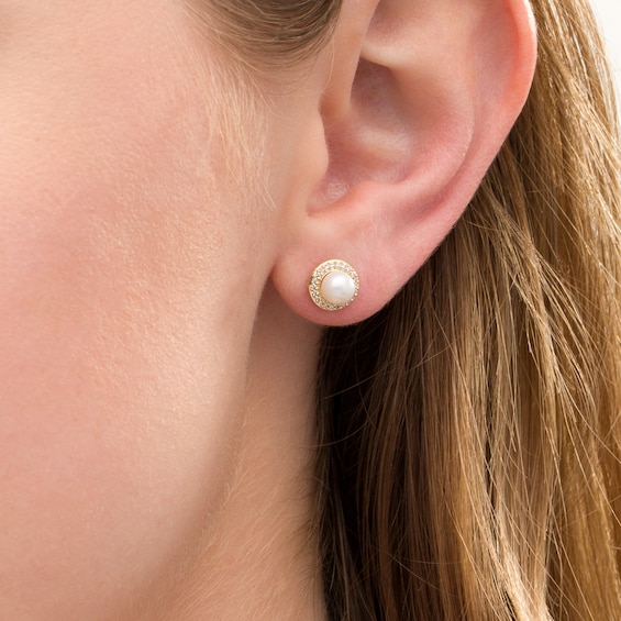 6.0mm Freshwater Cultured Pearl and 1/10 CT. T.w. Diamond Frame Stud Earrings in 10K Gold
