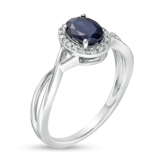 Oval Blue Sapphire and 1/15 CT. T.w. Diamond Frame Twist Shank Ring in 10K White Gold