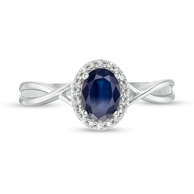 Oval Blue Sapphire and 1/15 CT. T.W. Diamond Frame Twist Shank Ring in 10K White Gold