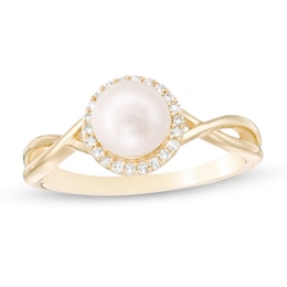 6.0mm Cultured Freshwater Pearl and 1/10 CT. T.W. Diamond Frame Twist Shank Ring in 10K Gold
