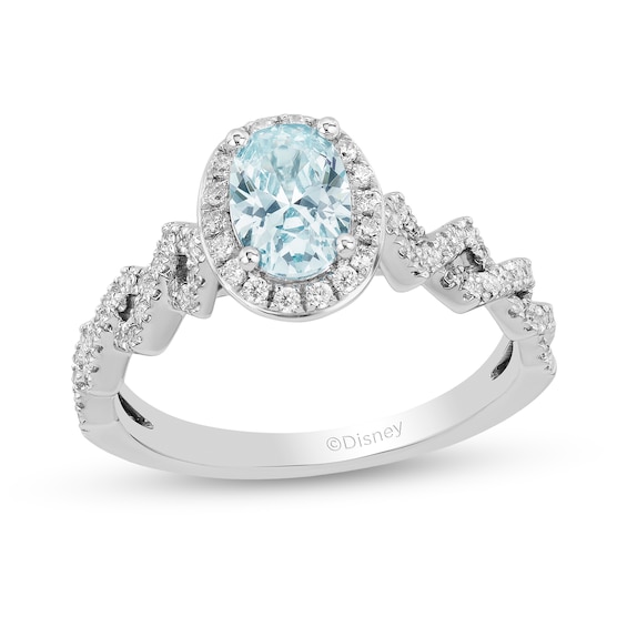 Enchanted Disney Elsa Oval Aquamarine and 1/4 CT. T.w. Diamond Frame Twist Shank Engagement Ring in 14K White Gold