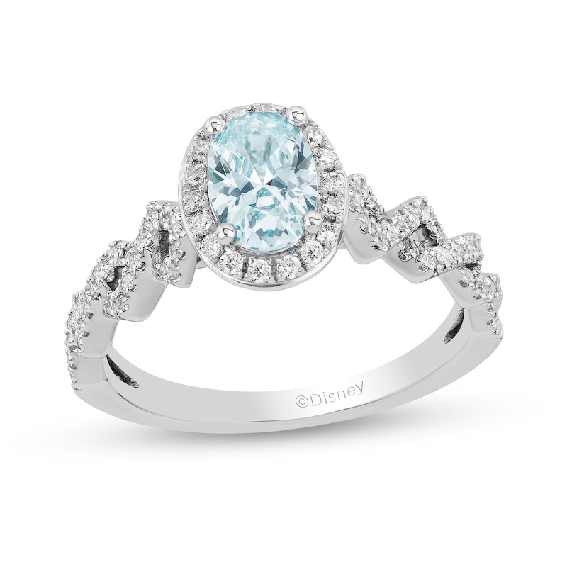 Enchanted Disney Elsa Oval Aquamarine and 1/4 CT. T.W. Diamond Frame Twist Shank Engagement Ring in 14K White Gold