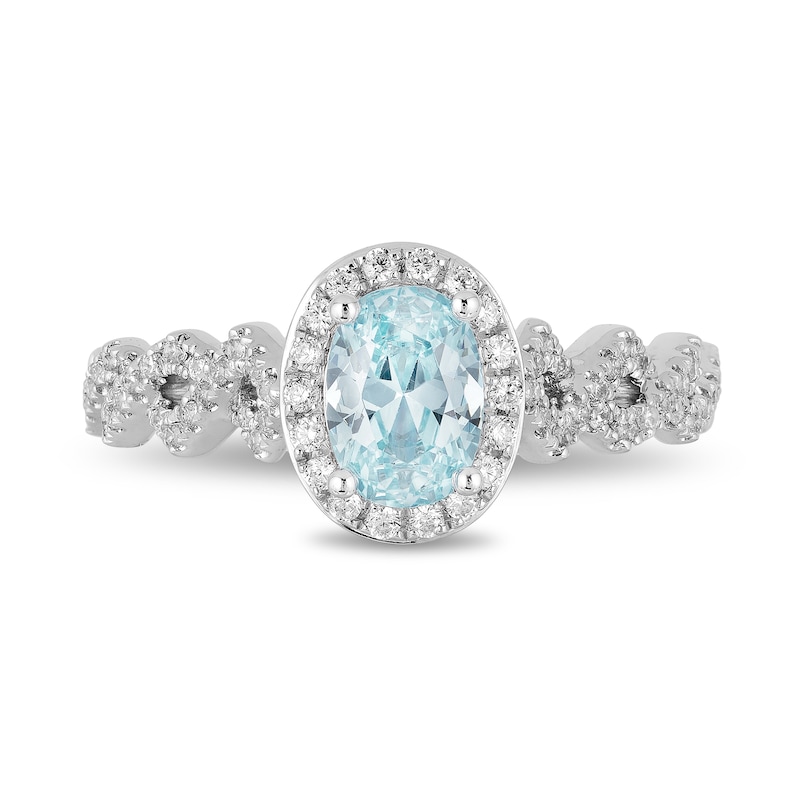 Main Image 3 of Enchanted Disney Elsa Oval Aquamarine and 1/4 CT. T.W. Diamond Frame Twist Shank Engagement Ring in 14K White Gold