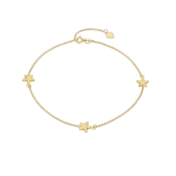 Textured Starfish Station Adjustable Anklet in 10K Gold - 10"