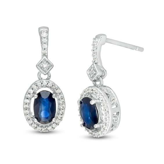Oval Blue Sapphire and 1/5 CT. T.w. Diamond Frame Drop Earrings in 10K White Gold