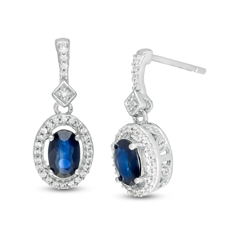 Main Image 1 of Oval Blue Sapphire and 1/5 CT. T.W. Diamond Frame Drop Earrings in 10K White Gold