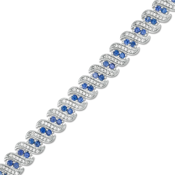 Lab-Created Ceylon Blue and White Sapphire Cascading Duos Bracelet in Sterling Silver - 7.5"