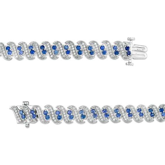 Lab-Created Ceylon Blue and White Sapphire Cascading Duos Bracelet in Sterling Silver - 7.5"