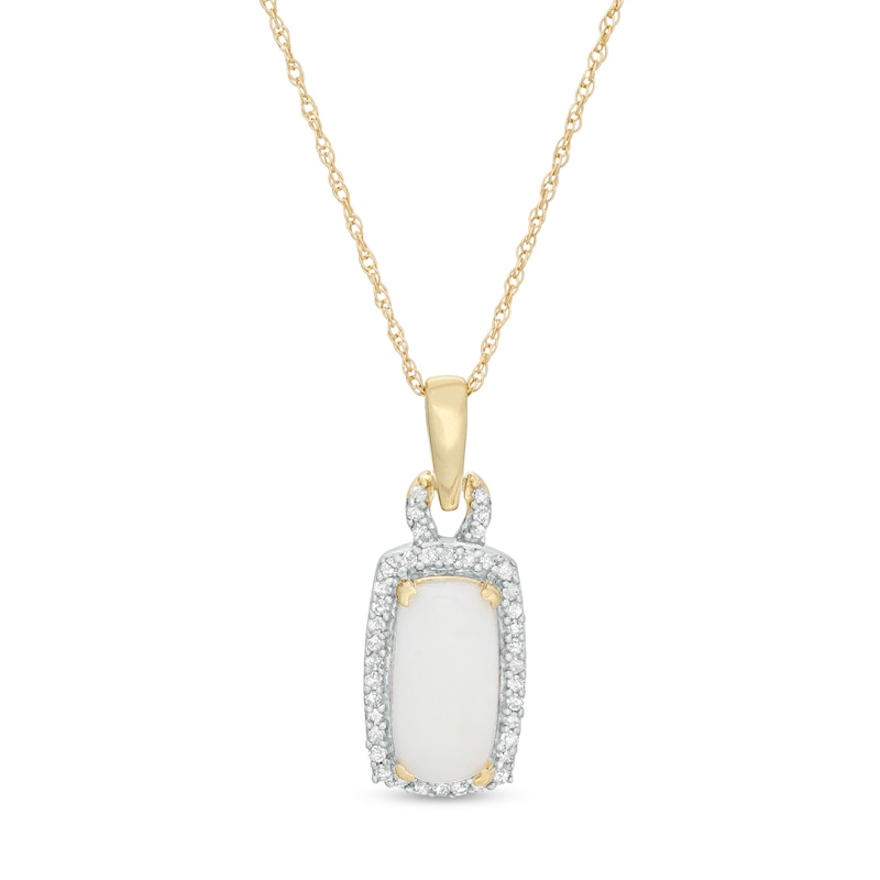 Main Image 1 of Elongated Cushion-Cut Opal and 1/10 CT. T.W. Diamond Frame Pendant in 10K Gold