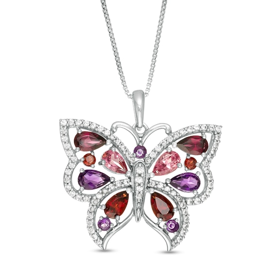 Multi-Shape Multi-Gemstone and Lab-Created White Sapphire Butterfly Pendant in Sterling Silver