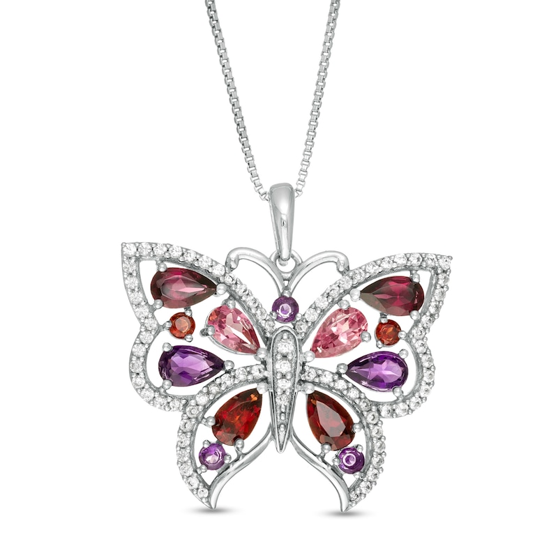Main Image 1 of Multi-Shape Multi-Gemstone and Lab-Created White Sapphire Butterfly Pendant in Sterling Silver