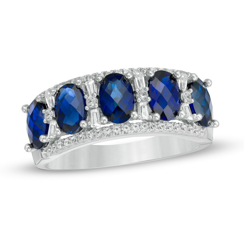Oval Lab-Created Blue and White Sapphire Five Stone Band in Sterling Silver