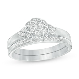 1/4 CT. T.W. Composite Diamond Hexagonal Frame Tri-Sides Vintage-Style Bridal Set in Sterling Silver