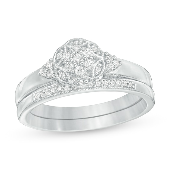1/4 CT. T.W. Composite Diamond Hexagonal Frame Tri-Sides Vintage-Style Bridal Set in Sterling Silver 1/4 CT. T.W. Composite Diamond Hexagonal Frame Tri-Sides Vintage-Style Bridal Set in Sterling Silver