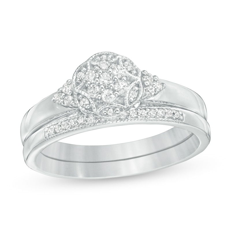Main Image 1 of 1/4 CT. T.W. Composite Diamond Hexagonal Frame Tri-Sides Vintage-Style Bridal Set in Sterling Silver