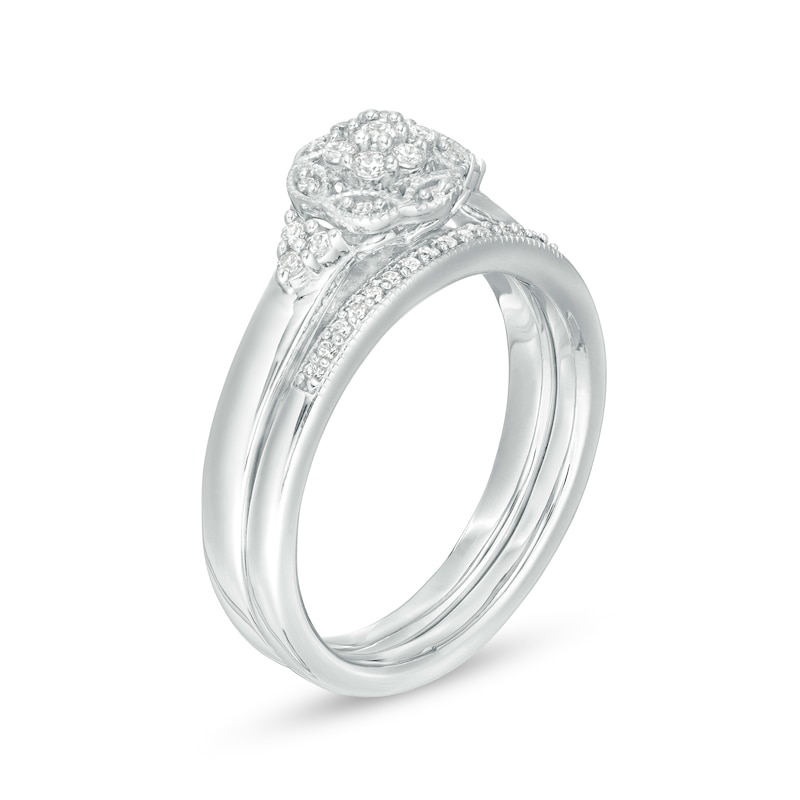 Main Image 3 of 1/4 CT. T.W. Composite Diamond Hexagonal Frame Tri-Sides Vintage-Style Bridal Set in Sterling Silver