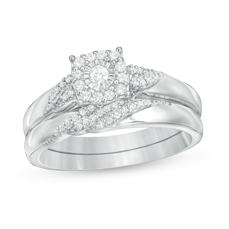 Main Image 1 of 1/4 CT. T.W. Diamond Cushion Frame Bridal Set in Sterling Silver
