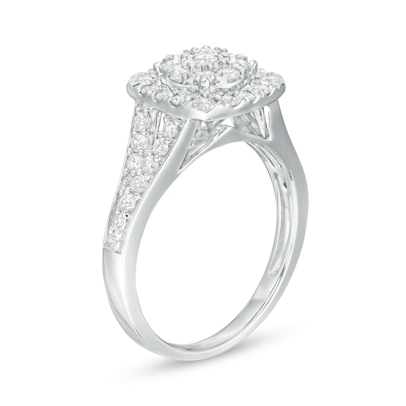 Main Image 3 of 1 CT. T.W. Composite Diamond Double Cushion Frame Split Shank Engagement Ring in 10K White Gold
