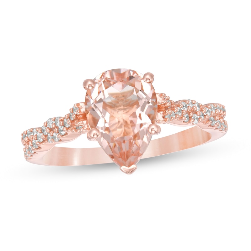 Main Image 1 of Pear-Shaped Morganite and 1/5 CT. T.W. Diamond Twist Shank Engagement Ring in 10K Rose Gold