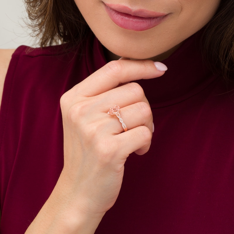 Main Image 2 of Pear-Shaped Morganite and 1/5 CT. T.W. Diamond Twist Shank Engagement Ring in 10K Rose Gold