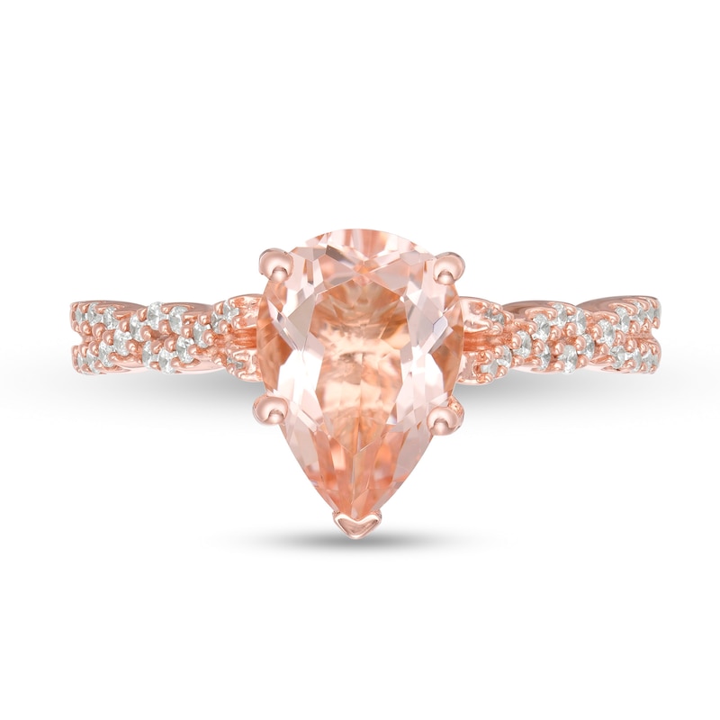 Main Image 4 of Pear-Shaped Morganite and 1/5 CT. T.W. Diamond Twist Shank Engagement Ring in 10K Rose Gold