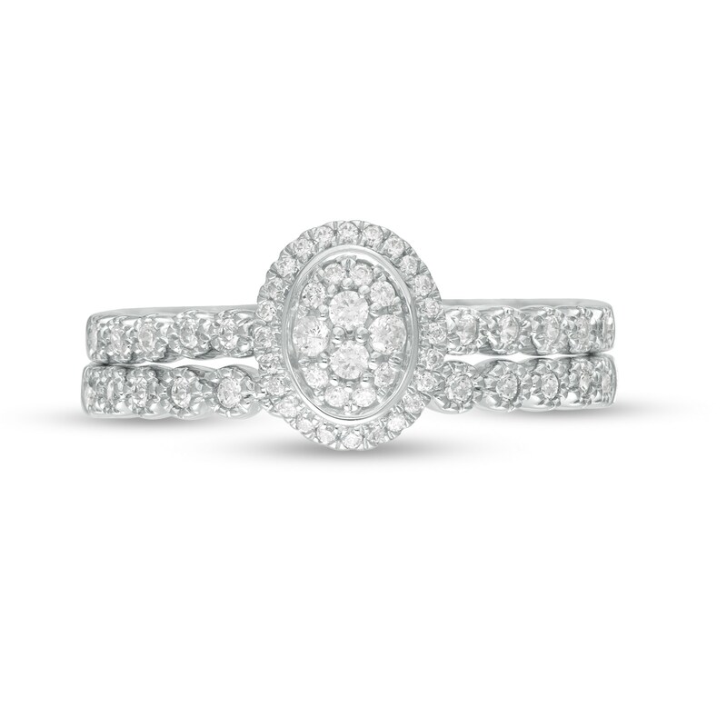 1/3 CT. T.W. Composite Diamond Oval Frame Vintage-Style Bridal Set in 10K White Gold