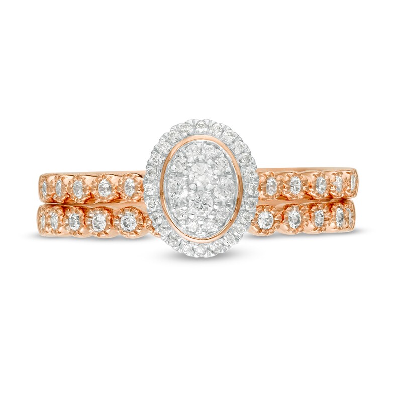 1/3 CT. T.W. Composite Diamond Oval Frame Vintage-Style Bridal Set in 10K Rose Gold