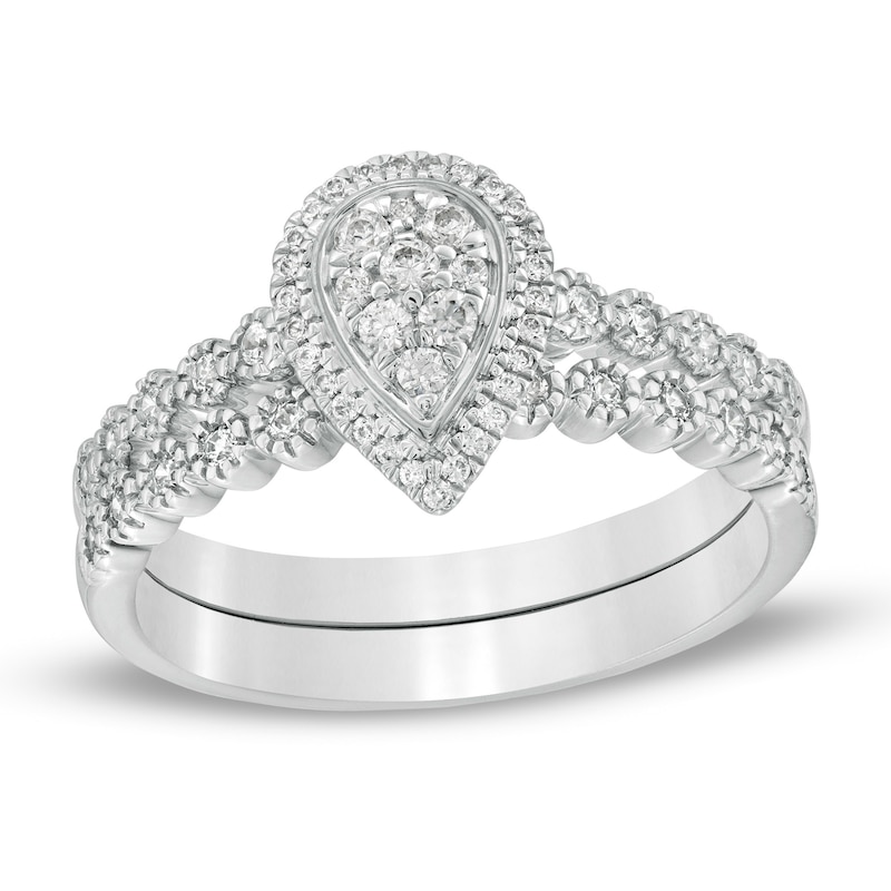 Main Image 1 of 1/3 CT. T.W. Composite Diamond Pear-Shaped Frame Bridal Set in 10K White Gold