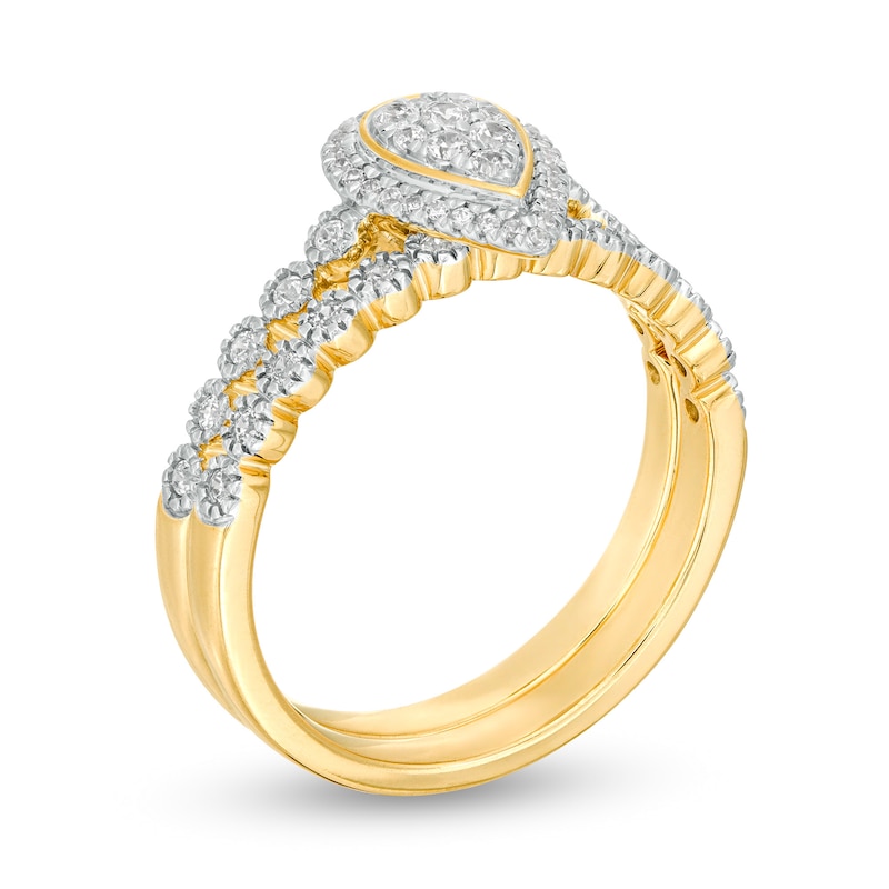 Main Image 3 of 1/3 CT. T.W. Composite Diamond Pear-Shaped Frame Bridal Set in 10K Gold