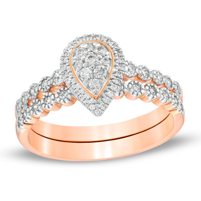 Main Image 1 of 1/3 CT. T.W. Composite Diamond Pear-Shaped Frame Bridal Set in 10K Rose Gold