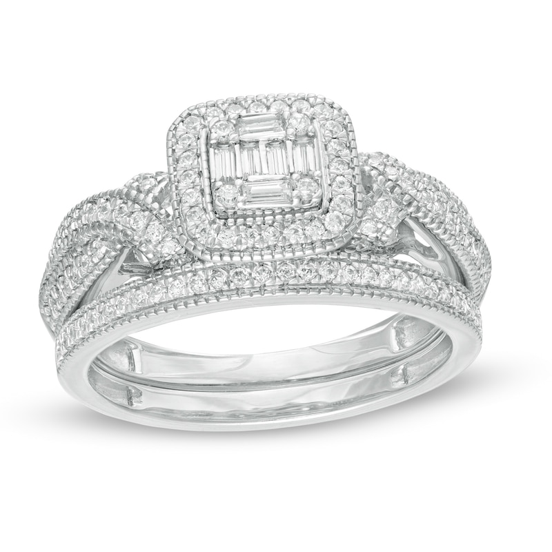 Main Image 1 of 1/2 CT. T.W. Composite Diamond Crossover Shank Vintage-Style Bridal Set in 10K White Gold
