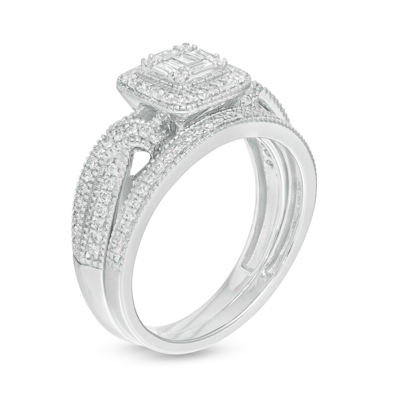 Main Image 3 of 1/2 CT. T.W. Composite Diamond Crossover Shank Vintage-Style Bridal Set in 10K White Gold