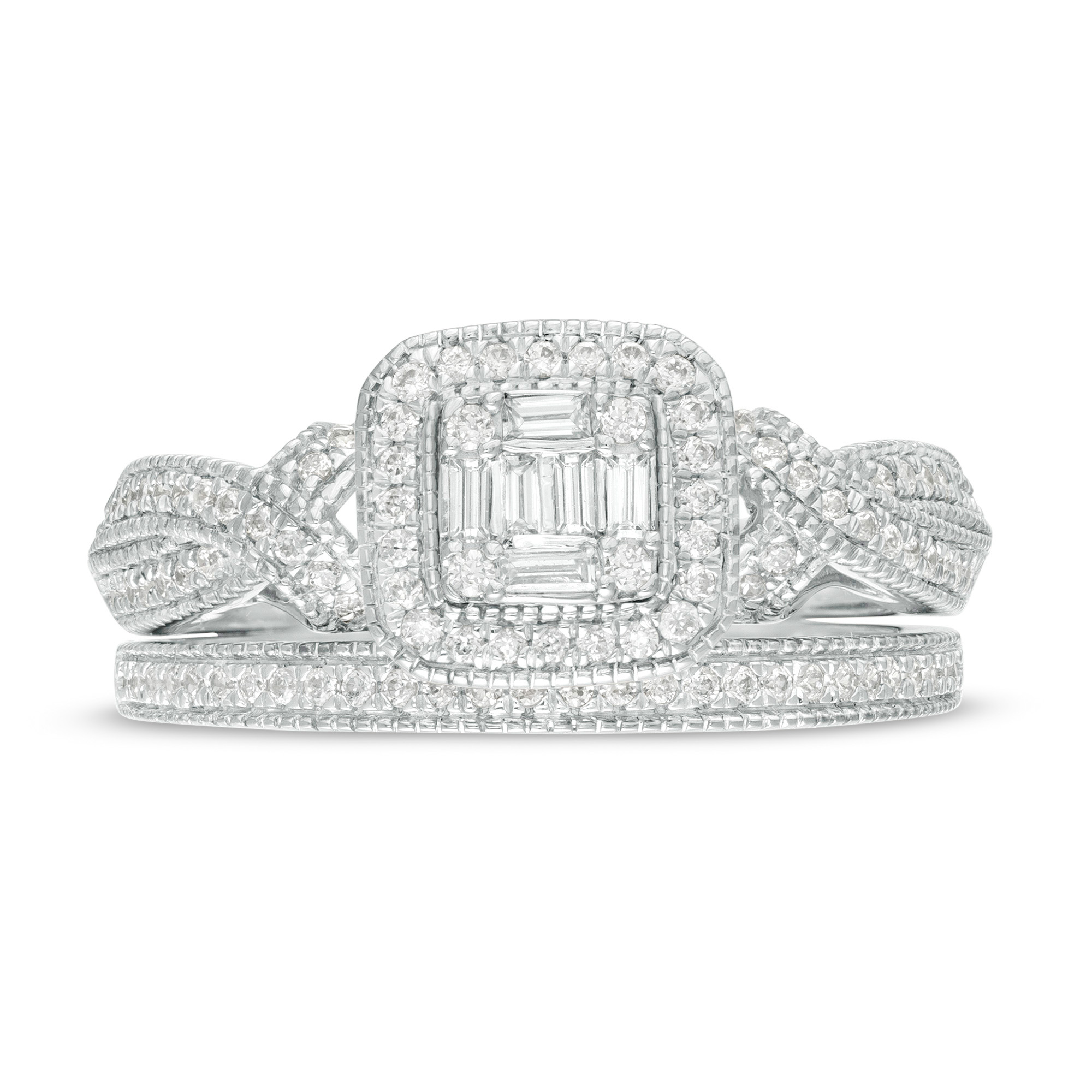 Main Image 4 of 1/2 CT. T.W. Composite Diamond Crossover Shank Vintage-Style Bridal Set in 10K White Gold