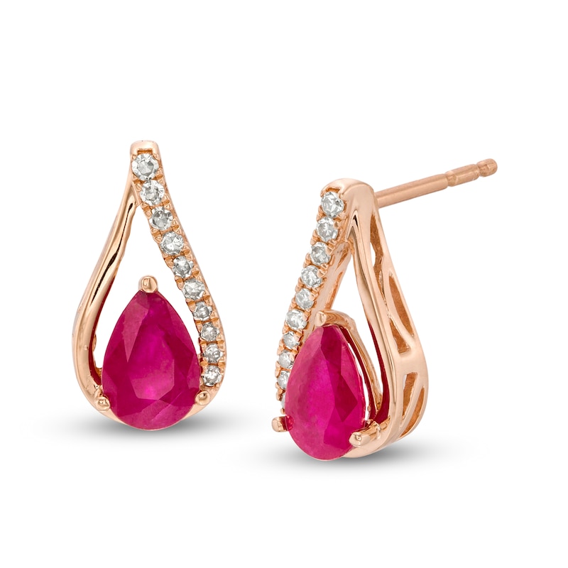 Pear-Shaped Ruby and 1/15 CT. T.W. Diamond Teardrop Earrings in 10K Rose Gold