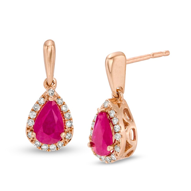 Pear-Shaped Ruby and 1/10 CT. T.W. Diamond Frame Drop Earrings in 10K Rose Gold