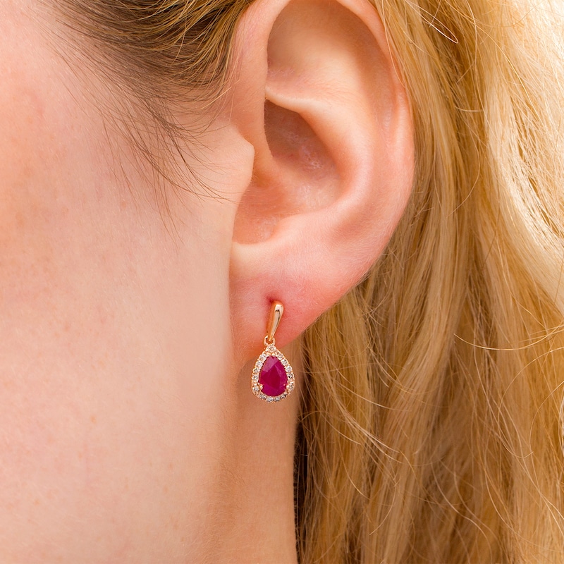 Pear-Shaped Ruby and 1/10 CT. T.W. Diamond Frame Drop Earrings in 10K Rose Gold