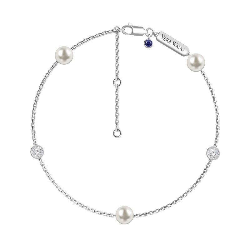 Main Image 1 of Vera Wang Love Collection 6.0mm Freshwater Cultured Pearl and White Topaz Station Bracelet in Sterling Silver-7.5"