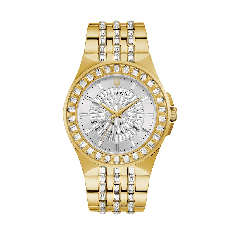 Men's Bulova Exclusive Baguette Crystal Accent Gold-Tone IP Watch with Silver-Tone Dial (Model: 98A239)