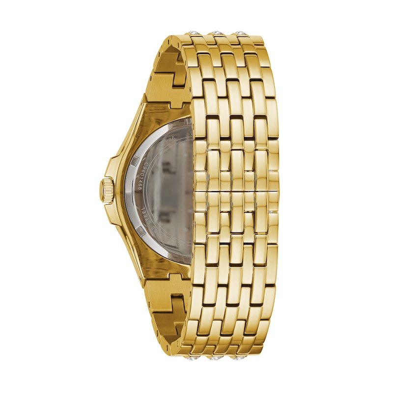 Men's Bulova Exclusive Baguette Crystal Accent Gold-Tone IP Watch with Silver-Tone Dial (Model: 98A239)