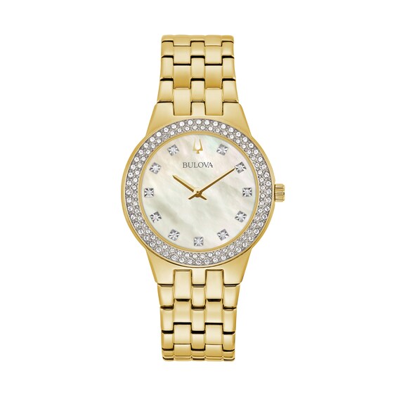 Ladies' Exclusive Bulova Crystal Gold-Tone Watch with Mother-of Pearl Dial and Heart Pendant Box Set (Model: 98X124)