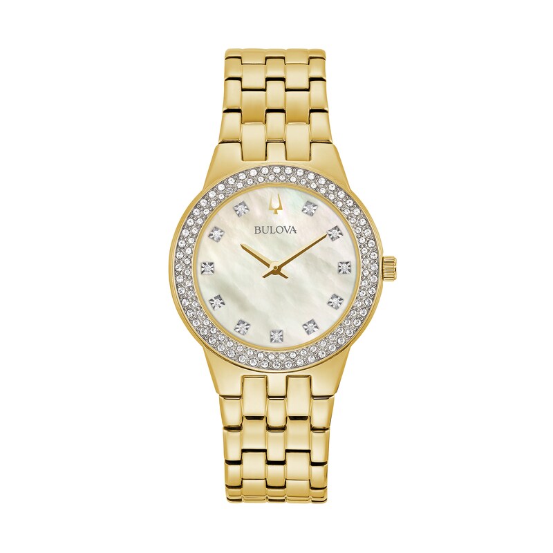 Main Image 2 of Ladies' Exclusive Bulova Crystal Gold-Tone Watch with Mother-of Pearl Dial and Heart Pendant Box Set (Model: 98X124)