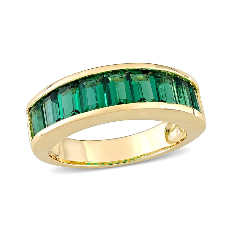 Main Image 1 of Baguette-Cut Lab-Created Emerald Band in Sterling Silver with Yellow Rhodium