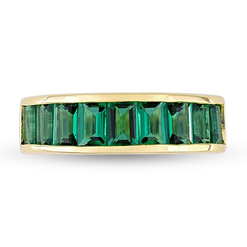 Main Image 4 of Baguette-Cut Lab-Created Emerald Band in Sterling Silver with Yellow Rhodium