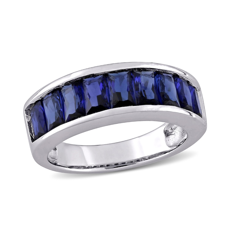 Main Image 1 of Baguette-Cut Lab-Created Blue Sapphire Band in Sterling Silver