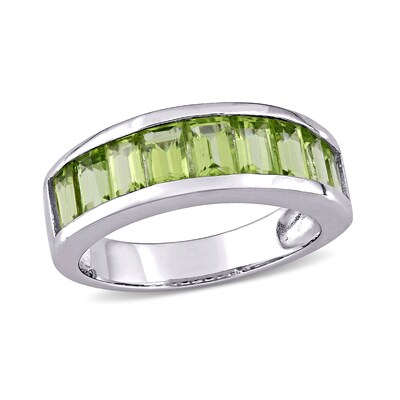 Silver Sterling Green Olivine Ring Holding Peridot Gems And Finished With Rhodium.