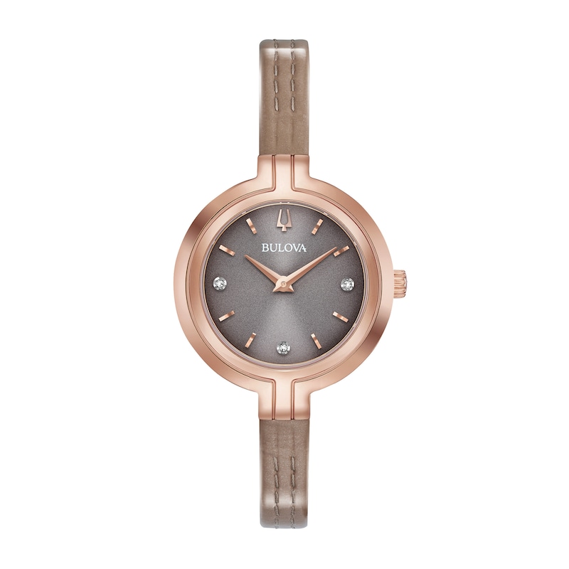 Ladies' Bulova Rhapsody Diamond Accent Rose-Tone IP Leather Strap Watch with Grey Dial (Model: 97P143)