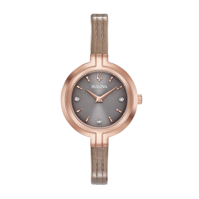 Main Image 1 of Ladies' Bulova Rhapsody Diamond Accent Rose-Tone IP Leather Strap Watch with Grey Dial (Model: 97P143)