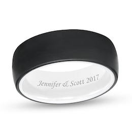Triton 8.0mm Engravable Brushed Comfort-Fit Wedding Band in Black Tungsten and White Ceramic (1 Line)