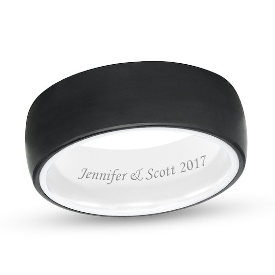 Triton 8.0mm Engravable Brushed Comfort-Fit Wedding Band in Black Tungsten and White Ceramic (1 Line)